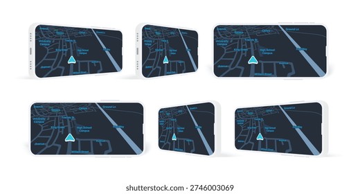 3D Smartphone GPS Navigation Map Mockup Set – Horizontal Mobile Screen with Dark Mode City Map Interface, Car Route Tracking, Location Pointer, Digital Navigation App UI Vector Illustration