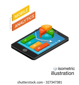 3D Smartphone with graphs in the isometric projection isolated on a white background. Mobile analytics concept. Modern infographic template. Isometric vector illustration.