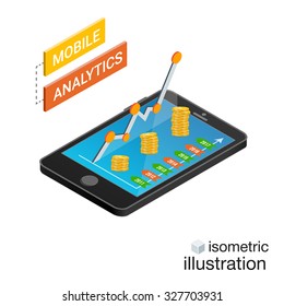 3D Smartphone with graphs in the isometric projection isolated on a white background. Mobile analytics concept. Modern infographic template. Isometric vector illustration.