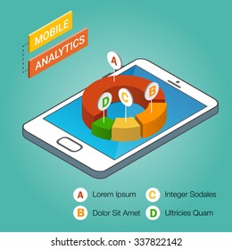 3D Smartphone with graphs in the isometric projection.  Mobile analytics concept. Modern infographic template. Isometric vector illustration.