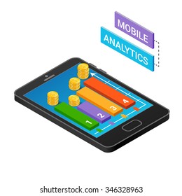 3D Smartphone with graphs in the isometric projection isolated on a white background.  Mobile analytics concept. Modern infographic template. Isometric vector illustration.