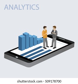 3D Smartphone with graphs in the isometric projection with businessman isolated on a white background. Mobile analytics concept. Modern infographic template. Isometric vector illustration.