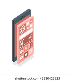 3d Smartphone home screen interface vector fluid template. Mobile app page orange design layout. Cellphone desktop screen with wavy bubbles. Application UI. Phone home screen display. 1907