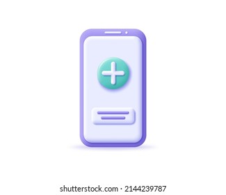 3d smartphone icon with add button. Render mobile with plus or cross on round button. Concept of adding contact, address, social media and photo. 3d cellphone realistic vector illustration