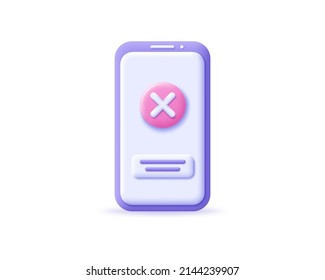 3d smartphone icon with close, exit or delete button. Render mobile with cross. The concept of deleting, error, closing and exiting the app. 3d cellphone realistic vector illustration