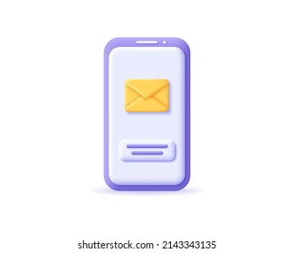 3d smartphone icon with envelope. Render mobile with button yellow envelope. Incoming mail notify, newsletter and online email concept.  3d realistic vector illustration cellphone