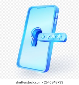 3D smartphone icon featuring a keyhole cutout and a separate password entry bar with asterisks, symbolizing digital security, online protection, or secure mobile access on a transparent background.