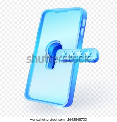 3D smartphone icon featuring a keyhole cutout and a separate password entry bar with asterisks, symbolizing digital security, online protection, or secure mobile access on a transparent background.