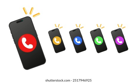 Icono de teléfono inteligente 3D: timbre, llamadas y recepción de llamadas. Vector.