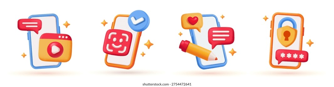 3D Smartphone Icon Set. Designs of phones with QR code scanning, personal account login, social media, and sending messages. Plasticine style vector illustration collection isolated on background