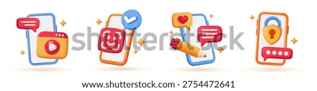 3D Smartphone Icon Set. Designs of phones with QR code scanning, personal account login, social media, and sending messages. Plasticine style vector illustration collection isolated on background