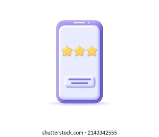 3d smartphone icon with stars rating. Render mobile with button yellow stars. Concept customer product rating review for apps and websites. 3d realistic vector illustration cellphone