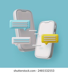 3D smartphone icons with chat bubbles and SMS alert functions. Vector illustration concepts of mobile messaging and communication on an isolated blue background.