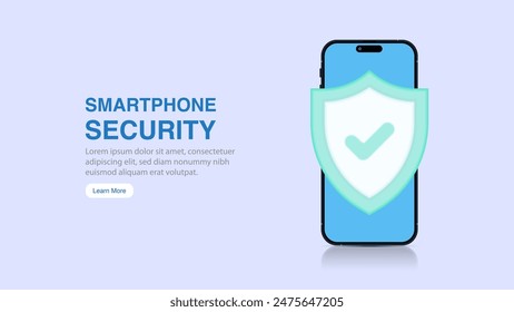 3D Smartphone Illustration with Protective Shield - Web Banner Design. 3D Shield Icon with Tick and Approval Mark - Protection, Safety, Security Vector Illustration.