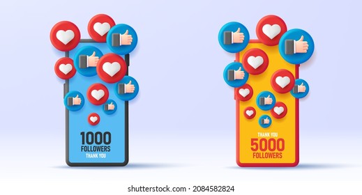 3d smartphone illustration with volume bubbles with like as thumb up and hearts with number of followers label on the screen, social media icon