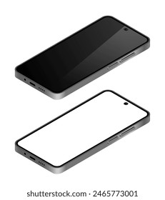 3D-Smartphone. Isometrisches Vektorgrafik-Smartphone mit schwarzweißem Bildschirm. Vektorillustration isoliert auf weißem Hintergrund.