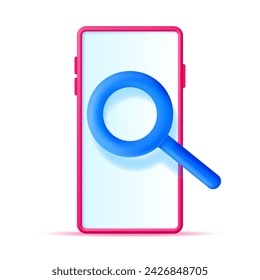 3D Smartphone with Magnifying Glass Isolated on White. Render Icon of Mobile Phone with Loupe on Empty Screen. Concept of Analytics, Search, Discovery, Examine. Vector Illustration