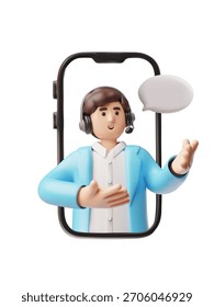 Um smartphone 3D com um homem em uma jaqueta azul, fone de ouvido e balão. Call center, ajuda, suporte, consultoria on-line. Aplicativo móvel. Ilustração de desenho animado vetorial. Plano de fundo isolado.