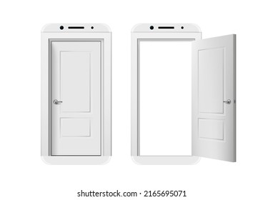 3D Smartphone Mobile Phone Open And Close Door Concept. EPS10 Vector