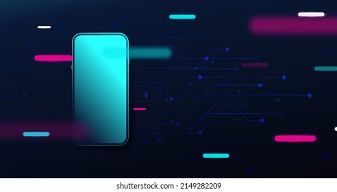 3d Smartphone Mockup with Abstract circuit board and geometric neon lines glow up background