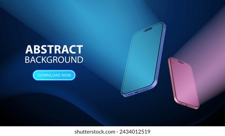 3D Smartphone Mockup mit blauen und violetten Lichtern auf blauem Technologie Hintergrund.  Perspektivische Ansicht eines Smartphones mit einem leeren Bildschirm für UI-, UX- und Webpräsentation. Vektor.