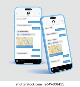 3D Smartphone Mockup com Chat App e Messenger UI - Blue Edge Mobile Phone mostrando a bolha de fala, diálogo, conversação, mensagem de voz, compartilhamento de mapas, localização GPS no vetor de fundo transparente.
