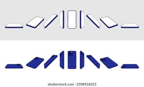 Maqueta de Smartphone 3D. Múltiples ángulos y pantalla. Plantilla frontal, vista lateral en perspectiva. Vector.