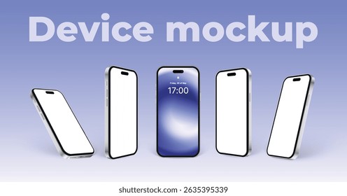 3d smartphone mockup, realistic mobile phone silver white with blank screen and ui. White phone set in different angles, front and side view, vector illustration.