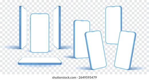 3D Smartphone Mockup Set – Blue Edge Mobile Phone Front, Side, Perspective, Horizontal, Flat Lay Views on Transparent Background. Realistic Vector for App Design and Mockup Template.