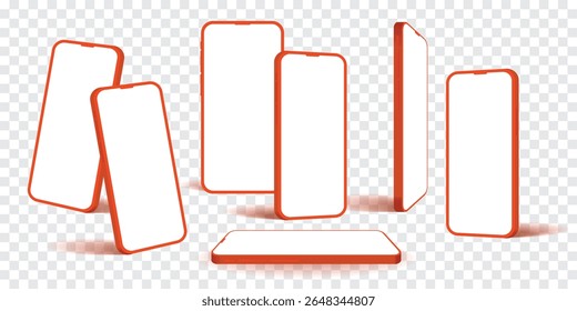 3D Smartphone Mockup Set - Red Orange Edge Mobile Phone Frame com Frente, Lado, Perspectiva, Horizontal, e Flat Lay Views no fundo transparente para UI e UX App Design, Apresentação, Vetor.