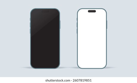 3D Smartphone Mockup with Shadow – Front View Silver Green Mobile Phone with Black and White Blank Screens for App UI, UX Design, Website, and Presentation Display. Vector.