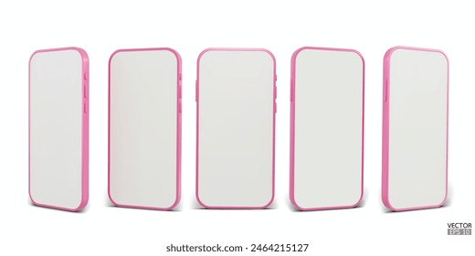 3D smartphone mockup with white screen. Pink mobile phone isolated on white background. 3d vector illustration