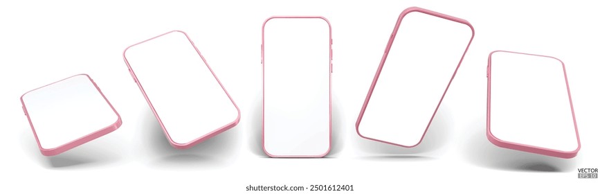 Maqueta de smartphone 3D con pantalla blanca. Teléfono móvil rosa aislado en el fondo blanco. Ilustración vectorial 3D