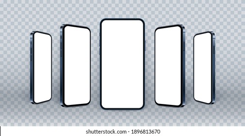 3D smartphone mockups isolated on transparent background. Blue realistic mobile phone templates with blank screen, new model. Standing concept for your web or app design, vector illustration.