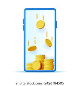 3D Smartphone and Money Inside Isolated. Render Mobile Phone with Gold Coin. Mobile Online Payment and Transfer. Finance, Investment, Money Saving. Internet Casino. Vector Illustration