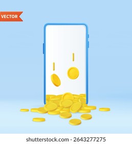 3D Smartphone and Money Inside. Mobile Phone with Gold Coin. Mobile Online Payment and Transfer. Finance, Investment, Money Saving. 3d rendering. Vector illustration
