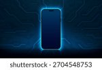 3D smartphone with neon light on a futuristic circuit background. Digital technology concept. Mobile phone abstract background. 3D realistic vector illustration.