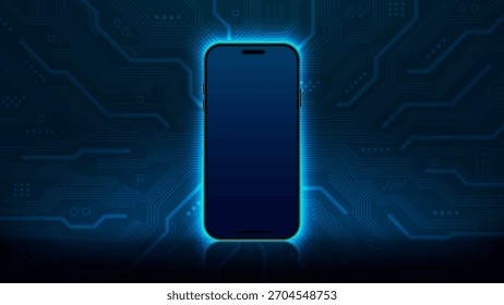 3D-Smartphone mit Neonlicht auf futuristischem Schaltkreis-Hintergrund. Digitales Technologiekonzept Handy abstrakter Hintergrund. Realistische 3D-Vektorgrafik.