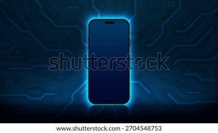 3D smartphone with neon light on a futuristic circuit background. Digital technology concept. Mobile phone abstract background. 3D realistic vector illustration.