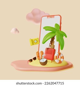 3d Smartphone on Beach with Tourist and Travel Equipment Concept Plasticine Cartoon Style. Vector illustration