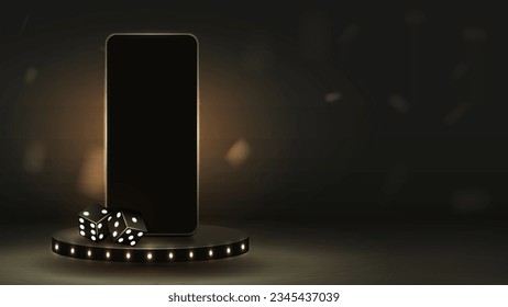 3d smartphone on a black podium with poker dice. A concept for a casino with a mobile phone on a platform with a golden background.