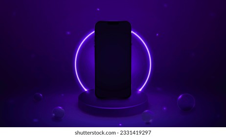 3d smartphone on the podium with neon lighting , realistic vector illustration.