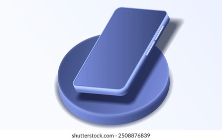 3d smartphone on podium vector. Mobile cartoon phone icon. Mock up cellphone blank purple screen background.	
