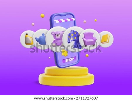 3D smartphone on a round podium with product icons, online shopping. Marketplace, shopping app. E-commerce website. Vector illustration. Cartoon style. Isolated bright purple background.