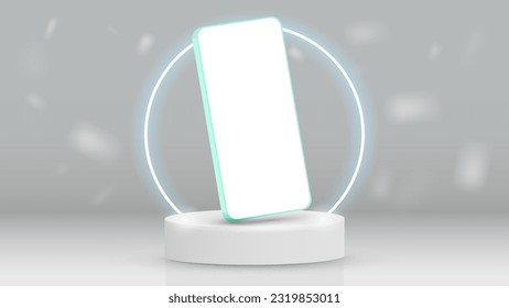 A 3D smartphone on a white podium with a bright neon green round arch. A concept with a mobile phone for a website with an app and online shopping.