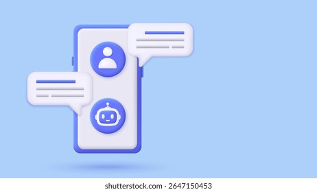 3D smartphone online chatbot app with messages. Artificial intelligence technology concept. Automation support chatting with bot. Customer support service AI. Trendy and modern vector in 3d style.