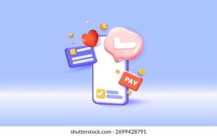 Smartphone 3D con el Botón del pago, corazón e iconos del mensaje en el fondo azul, concepto del pago en línea, diseño móvil del App para la banca digital, el comercio electrónico y la tecnología financiera. Diseño del Vector.