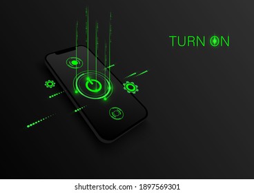 3D smartphone with power button and green binary code effect on black background.