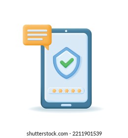 3d smartphone with protective system. Protection, safety, password, personal data security and privacy concept. Vector illustration isolated on white background.