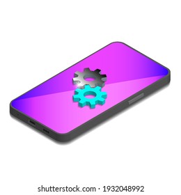 3D Smartphone mit violettem Bildschirm und volumettem Getriebe. Heller Strahlungsblitz. Weißer Hintergrund
